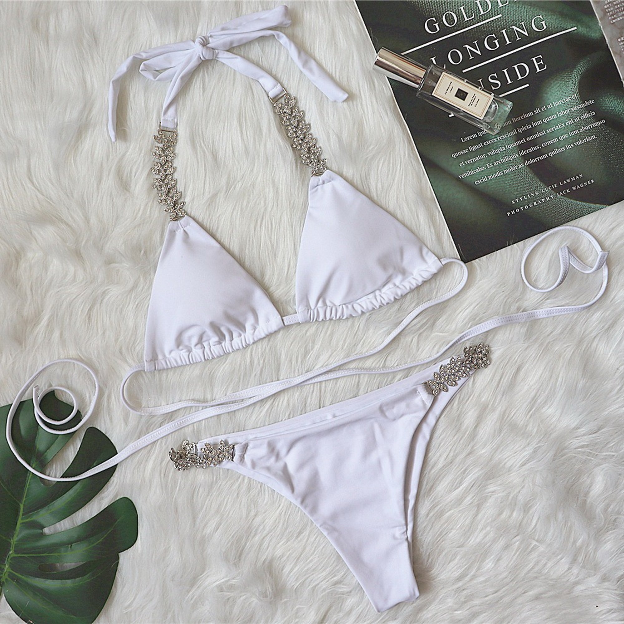 Alba White Bikini – Triangle Top with Crystal Chain Straps