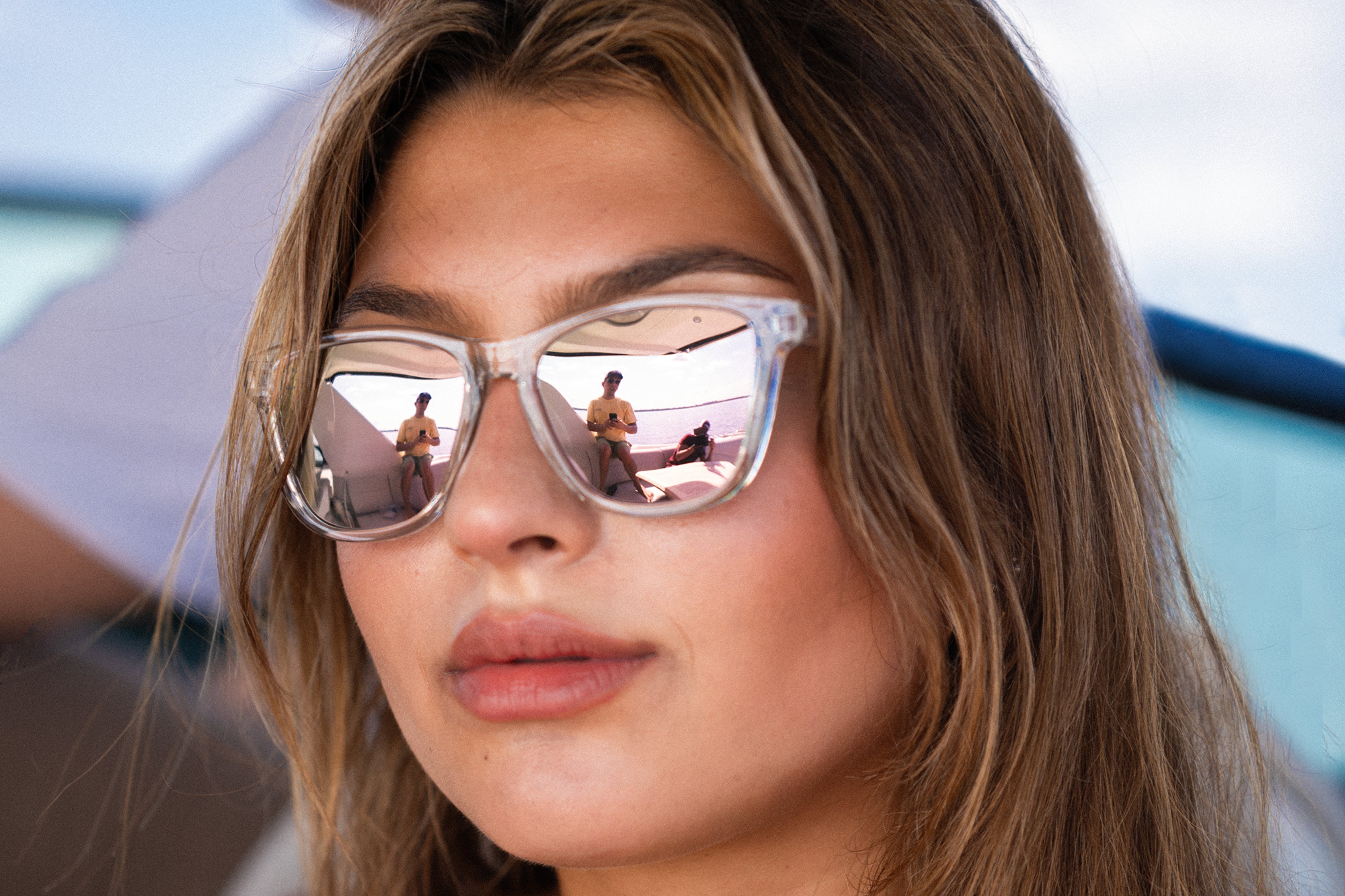 Woman in Bikini with Purple Haze Sunglasses - Stylish beachwear, summer fashion, trendy eyewear for a vibrant and chic look