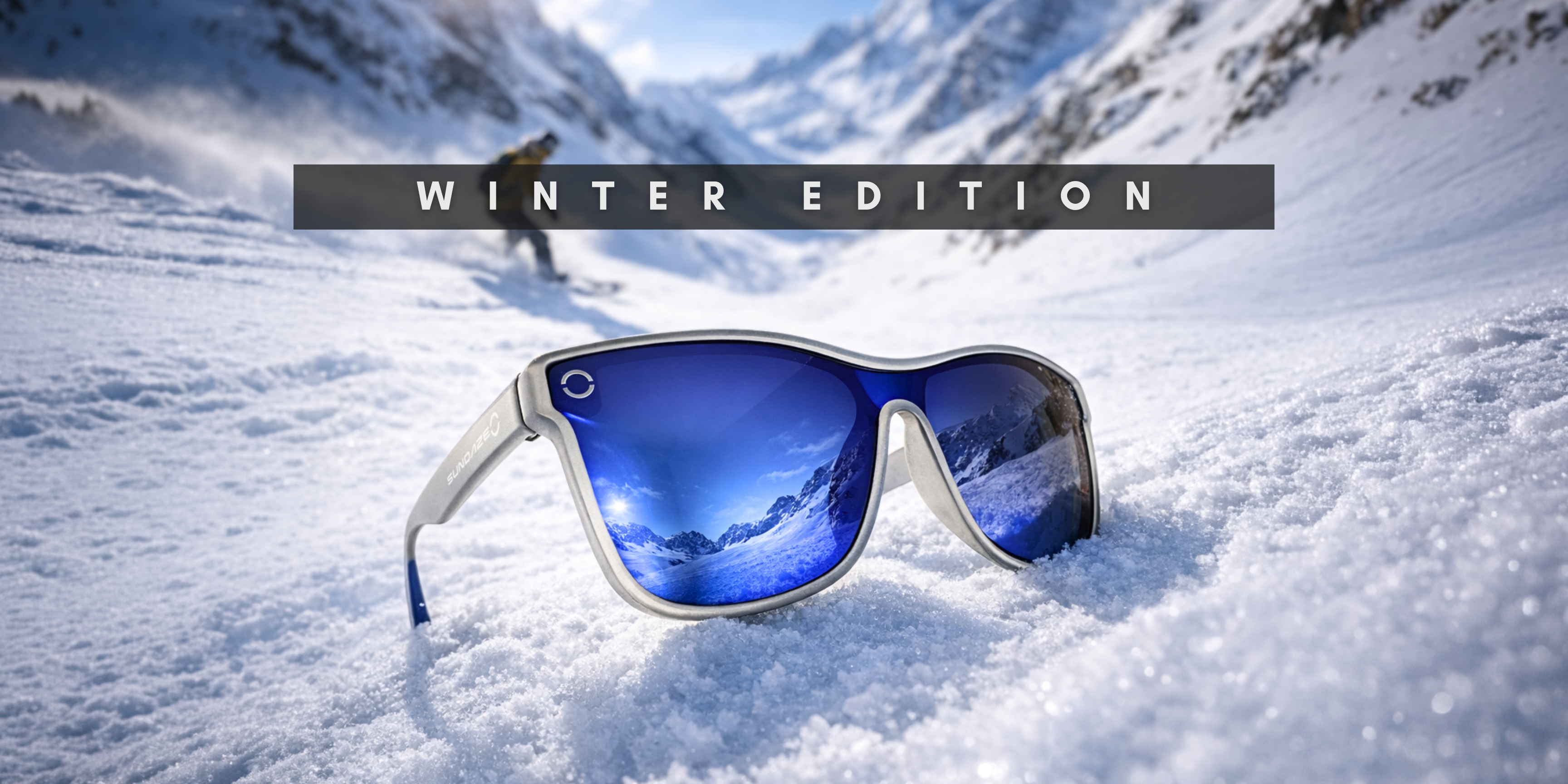 Winter Edition polarized performance eyewear with blue mirrored lenses designed for snow and mountain conditions.